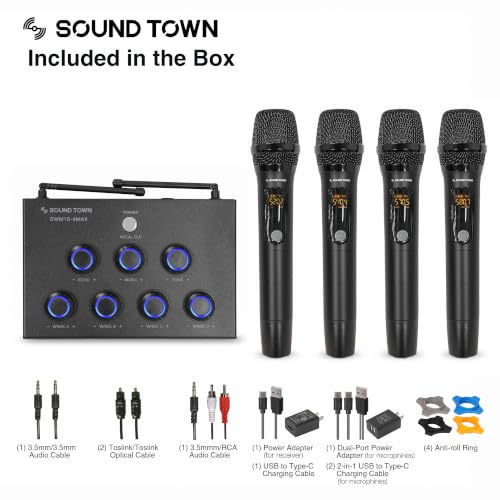 Sound Town 32-Channel Wireless Microphone Karaoke Mixer with 4 Rechargeable Metal Mics, Optical (Toslink), AUX for Smart TVs, Soundbars & Home Receivers, Tablet, PC (SWM15-4MAX)