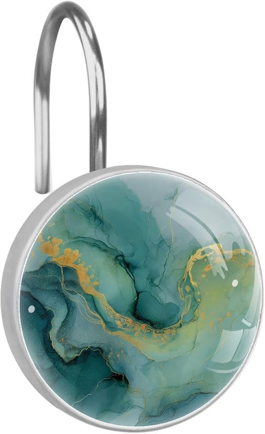 12 Packs Abstract Green Marble Shower Curtain Hooks, Crystal Glass Shower Curtain Rings for Bathroom, Rustproof Metal Curtain Rod Hooks