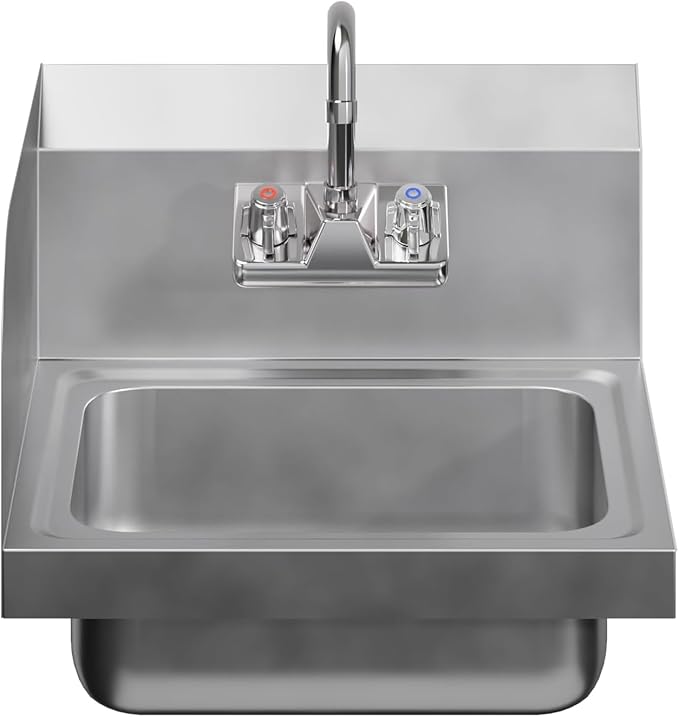 Stainless Steel Hand Sink with Right Side Splash Guard 15” x 17” | Commercial Wall Mount Hand Basin with Gooseneck Faucet, Strainer, Back Splash | NSF (Left Side Splash Guard)