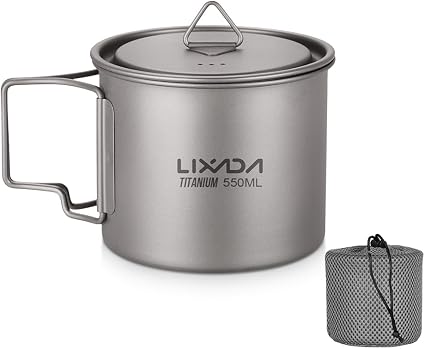 Lixada Titanium Pot, Lightweight Camping Pot Titanium Cup Titanium Backpacking Pot with Portable Foldable Handles for Outdoor Camping Hiking Backpacking