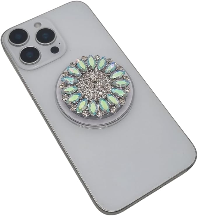 Magnetic Phone Grip Stand, Compatible with MagSafe, Adhesive Metal Ring Included for Non-MagSafe Cases, Expanding Holder and Kickstand, Pearl and Crystal Design (Iridescent Aurora Sunburst)
