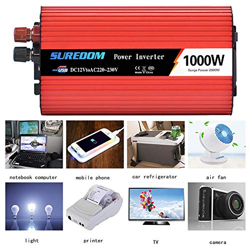 1000W 2000W Power Inverter 12V DC to 110V/240V AC Converter Car Invertor with Cigarette Lighter Plug and Battery Clamps and 2 USB Port 24Vto230V-1000W(1000W,12Vto110V)