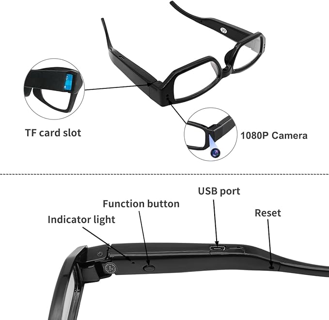 Smart Glasses with Camera, Video Recording and Photo Taking, Recording Glasses 1080P HD 32GB Memory Card Video Camera Glasses for Men Women Cycling Hiking Travel, No Bluetooth NO WiFi No App
