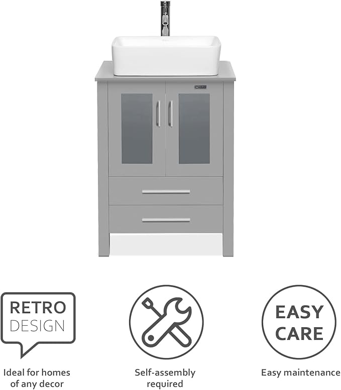 eclife 24" Modern Bathroom Vanity Sink Combo Freestanding Cabinet with Soft Closing Door, White Rectangle Ceramic Vessel Sink, Water Save Faucet, Drain (Gray+T03)