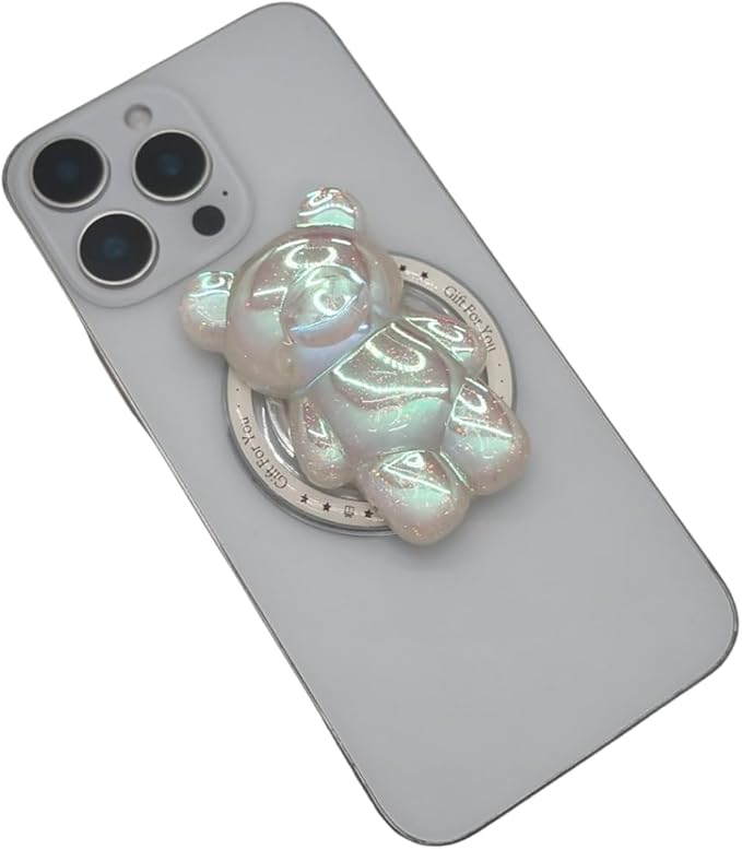 Cute Kawaii 3D Bear Phone Grip Stand, Iridescent Holographic Resin Cell Phone Holder & Kickstand, Compatible with iPhone, Samsung Galaxy, Android (Opal Pink)