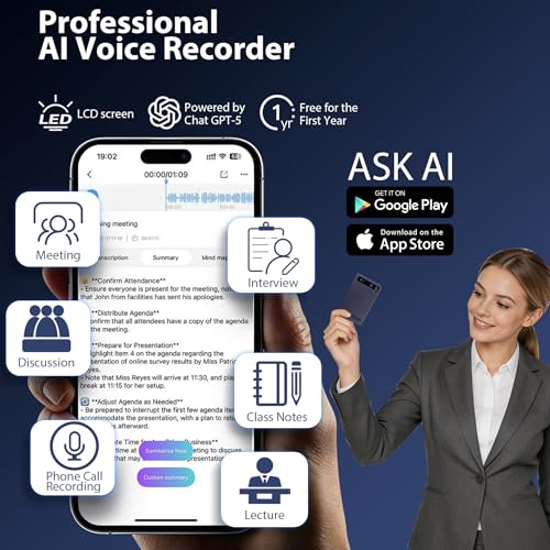 AI Voice Recorder, Pocket AI Recorder with Transcribe & Summarize, AI Noise Cancellation Technology, 64GB Memory, 35 Hours Recording, App Control, Supports 152 Languages for Lectures, Meetings, Calls