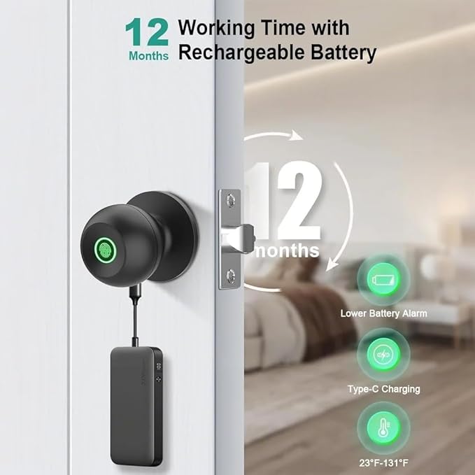 NexusLab Smart Fingerprint Door Lock, 0.5s Fast Fingerprint Scan, APP Remote Control, 3-in-1 Entry(Fingerprint/Key/App), for Home、Bedrooms、Office、Apartment、Garage(Matte Black)