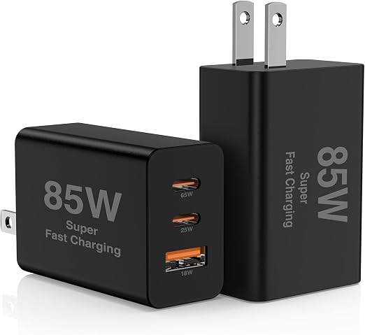 2Pack 85W USB C Wall Charger Block, 3-Port USB C Charging Adapter 100W Type C Super Fast Charging Power Plug Cube for MacBook Pro/Air,i-Pad Pro,i-Phone 17/16/15, Galaxy S25,and More-Black​