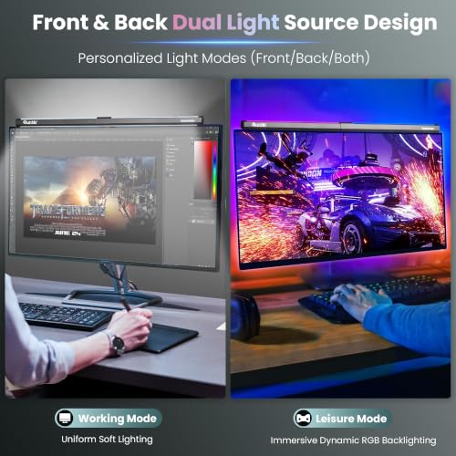 Quntis Monitor Light RGB PRO Backlight, Eye-Care Dual Light Computer Light Bar Gaming Office Desk Lamp, 15 Modes Dimmable Backlight, 3 Color Temperature Adjustable Brightness, Ra95 Screen Light Bar