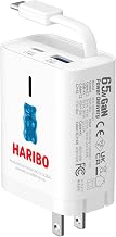 Haribo 65W GaN Wall Charger with Retractable USB-C Cable, Dual-Port PD 3.0 & QC 4+ / 4.0 Fast Charging for iPhone, Galaxy, Pixel, iPad, Tablets, Nintendo Switch, AirPods