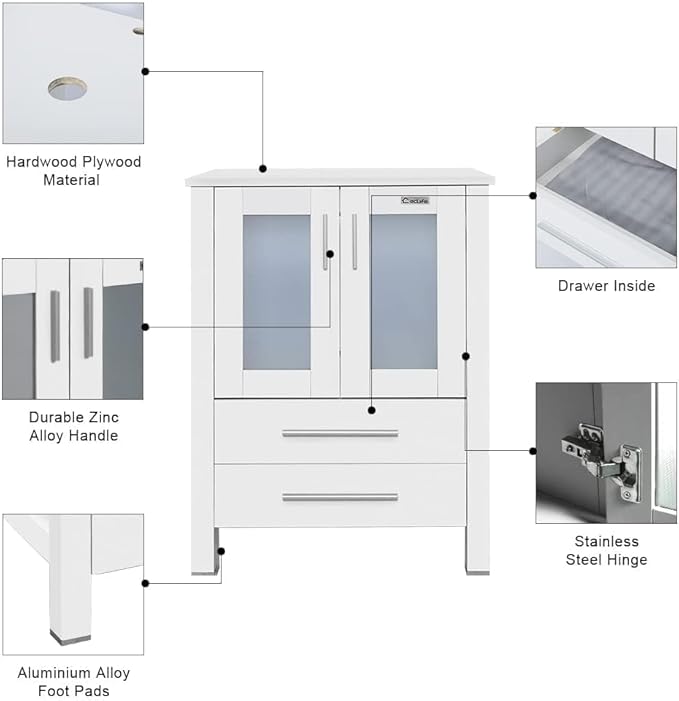 eclife 48" Modern Bathroom Vanity Sink Combo Freestanding Cabinet with Small Side Cabinet, White Shell Ceramic Vessel Sink, Water Save Faucet, Drain (White+T54)