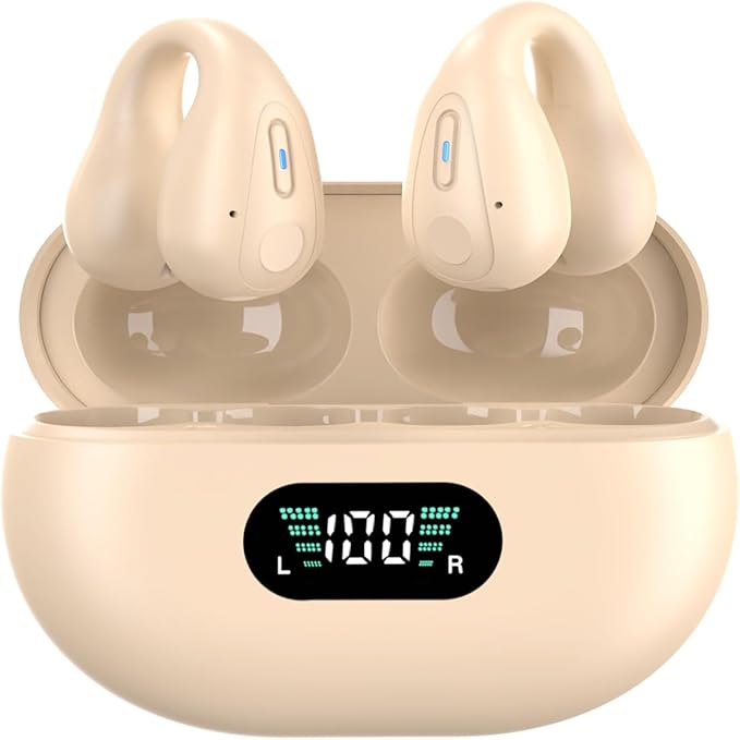 Open-Ear Wireless Headphones Bluetooth Clip On Mini Earbuds Charging Case Ear Buds Sports Bone Conduction Headphones Earphones for TV Phone Laptop Music (Khaki)