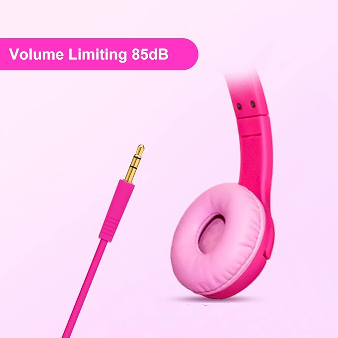 Olyre Kids Headphones with Sharing Port, Safe 85db Volume Control Light Up Cat Ear Headphones for Tablets/E-Readers, Wired Children Headphones with Microphone for School Learning Travel - Rose
