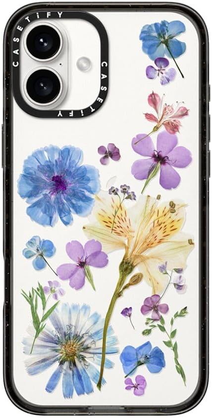 CASETiFY Impact Case for iPhone 16 Plus [Slim / 8.2 ft. 4X Military Grade Drop Protection/Wireless Charging Compatible] - Pressed Floral - Clear Black