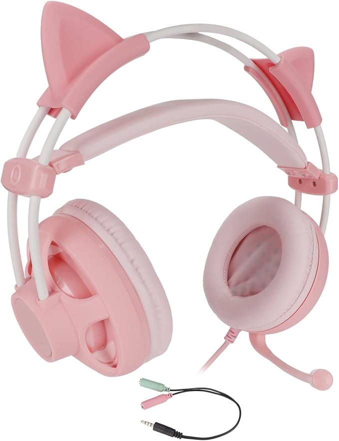 Cute Pink Cat Ears Gaming Headset for, 7.1 Surround Headband Wired Gaming Headset Bass Surround and Noise Cancelling with Mic for Laptop PC Smartphones (Pink)