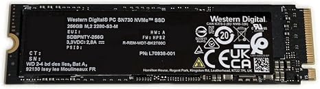 Western Digital WD 256GB Gaming SSD PC SN730 Black L70938-001 M.2 2280 PCIe Gen3 x4 NVMe SDBPNTY-256G Solid State Drive for Dell HP Omen Victus Lenovo Laptop Desktop Ultrabook