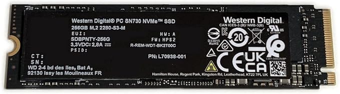 Western Digital WD 256GB Gaming SSD PC SN730 Black L70938-001 M.2 2280 PCIe Gen3 x4 NVMe SDBPNTY-256G Solid State Drive for Dell HP Omen Victus Lenovo Laptop Desktop Ultrabook