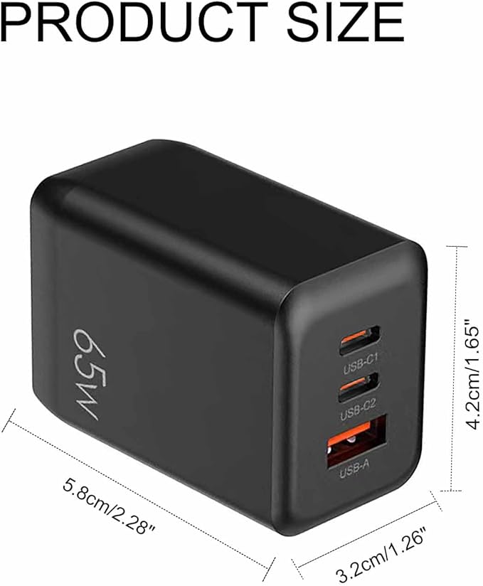 BELAROI 65W USB C Wall Charger Block, PD 3.1,3-Port GaN Fast Charger, 65W Foldable High Power Fast Charging Brick, for iPhone,iPad and MacBook Pro/Air,Samsung Galaxy (Black)