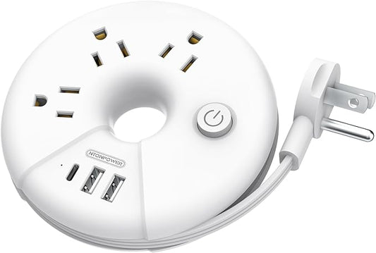 Travel Power Strip, NTONPOWER 3 Outlets 3 USB(1 USB C) Cruise Approved Power Strip, Short Extension Cord 3ft, Travel Essentials for Home, Hotels, Cruise Ship, Vacation, White, i-Donut