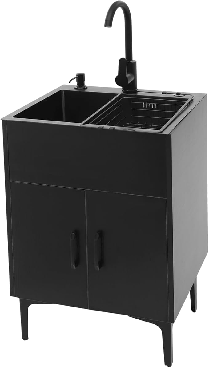 20-Inch Laundry Sink with Cabinet & 360° Swivel Hot/Cold Faucet, Freestanding Kitchen Sink Cabinet with Stainless Steel Sink & Drain Basket, Black Cabinet with Sink for Laundry&Utility Room