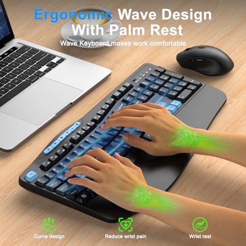 Wireless Keyboard and Mouse Combo, 2.4G Ergonomic Wave Keys(Blue Black) - Image 3
