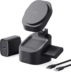iWALK 3-in-1 Magnetic Wireless Charging Stand, 15W Foldable Charger Station for iPhone 16/15/14/13/12, Apple Watch & AirPods, Adjustable Dock with 20W USB-C Adapter