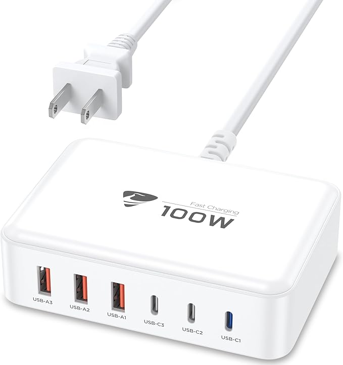 USB C Fast Charger, 100W GaN 6 Port USB C Fast Charging Station Hub Block Cube, QC USB A and PD USB C Wall Charger Power Multiple USB Charger Plug for iPhone 17 16 15 14 13 12 Pro Max, iPad, Samsung