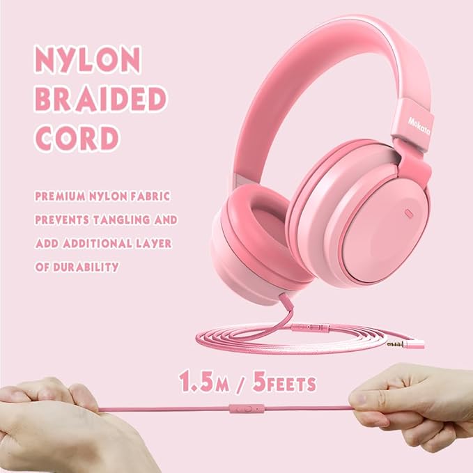 Headphone Kids Volume Limited 85/94dB Wired Over-Ear/On-Earr Foldable Headset with Inline Cable Aux 3.5mm Cord Mic for Toddler Boy Girl Child Back to School Study Pad Tablet Pink