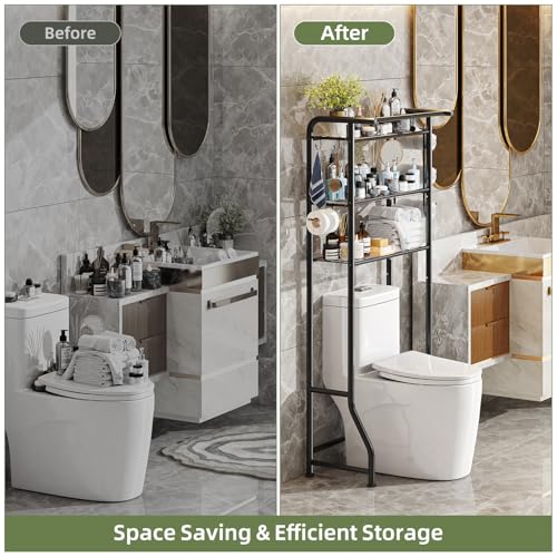 Simple Trending Over The Toilet Storage Cabinet, Metal Bathroom Shelf Organizer with Paper Holder and Hooks, 3 Tier, Black