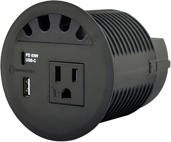 USB PD 65W, Desktop Power Grommet, with 1 AC Power Outlet and Fast Charging USB-A+C 65W,4.5FT Extension Cord Recessed Power Outlet for Conference Room (Black)