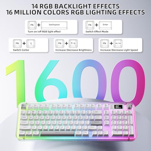 AUSDOM K98pro Wireless Silent Creamy Keyboard, Tri-Mode BT/2.4G/USB-C Computer Keyboard with Number Pad, RGB Backlit Media Knob Keyboard, White - Image 7