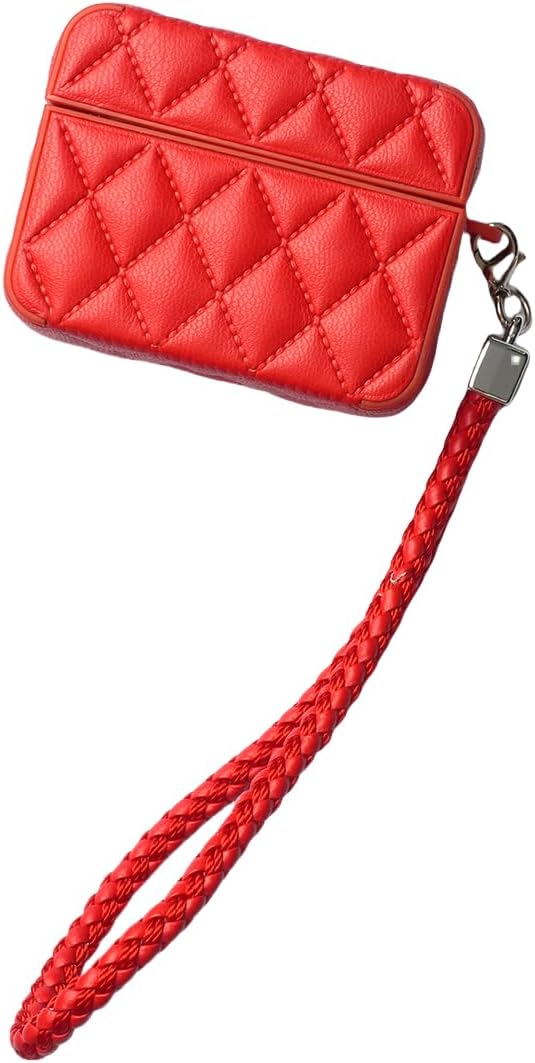 Earphone Case for AirPods 4, Elegant Classical Diamond PU Leather Surface Earphone Cover Soft Silicone Case, AirPods 4 Cover Protective Case Skin Protector for Earbuds +Lanyard-Red