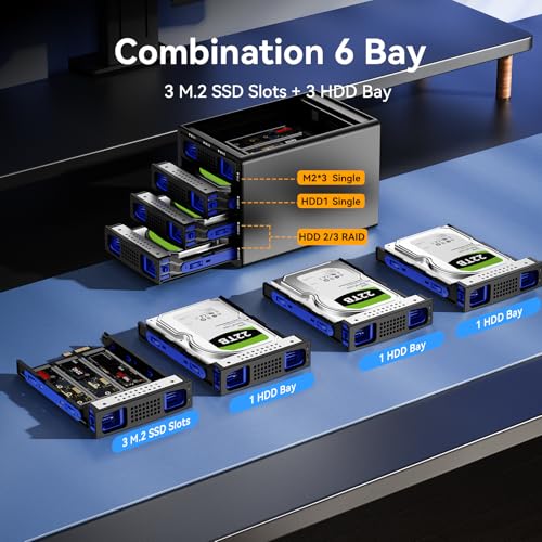 CENMATE Hybrid 3*2.5/3.5" SATA HDD/SSD+3* M / B+M Key M.2 NVMe Enclosure with Cooling Fan and USB A/C 3.2 Gen 2, Hard Drive Enclosure Support 90TB(3*22TB HDD+3*8TB 2230/2242/2260/2280/22110 SSDs)
