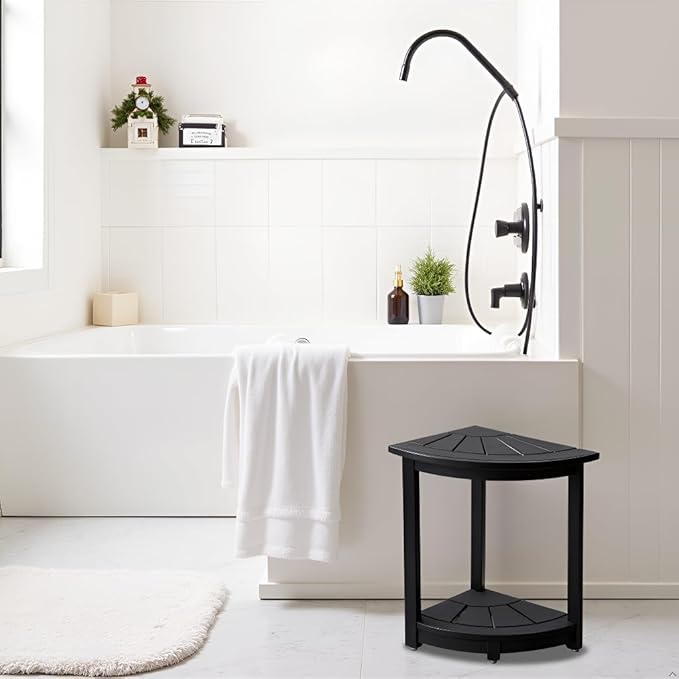 Acacia Corner Shower Stool, Waterproof Spa Foot Rest & Bath Bench with Storage Shelf & Soap Dish, Ideal for Bathroom, Shaving Legs, or as Small Corner Table/Step Stool (Black)