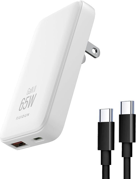 65W USB C Charger Block,2-Port Compact Foldable Slim Charger Power Adapter for iPhone 17 Series, Galaxy S25,Pixel 10/9,MacBook Pro/Air, iPad Pro,with 3.28ft 100W E- Mark chip Cable,White