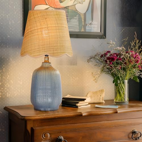Pia Ricco 19" Modern Ceramic Table Lamp for Living Room Gray Blue Base Desk Lamps for Bedroom Farmhouse Bedside Nightstand Lamp End Table Lamps,Bule,Rattan Shade