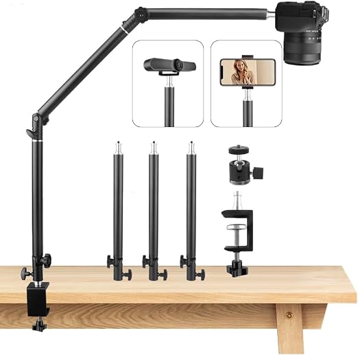 Heavy Duty Overhead Camera Desk Mount Stand 14.5"-41" with 1/4" Screw, 3-Section 360°Rotatable Detachable Articulating Boom Arm with Enlarged Handle C Clamp, Tabletop Light Stand for Streaming Vlog