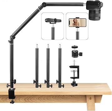 Heavy Duty Overhead Camera Desk Mount Stand 14.5"-41" with 1/4" Screw, 3-Section 360°Rotatable Detachable Articulating Boom Arm with Enlarged Handle C Clamp, Tabletop Light Stand for Streaming Vlog
