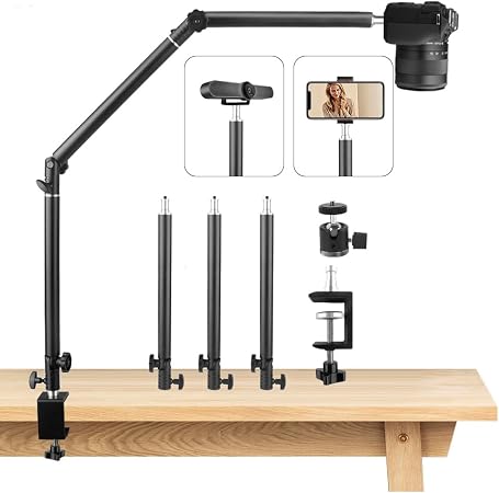 Heavy Duty Overhead Camera Desk Mount Stand 14.5"-41" with 1/4" Screw, 3-Section 360°Rotatable Detachable Articulating Boom Arm with Enlarged Handle C Clamp, Tabletop Light Stand for Streaming Vlog