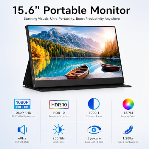 15.6" Portable Monitor, 1.28lb Ultra-Light 1080P FHD Laptop Screen