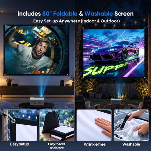 TMY Native 1080P Mini Portable Projector, 2-way Bluetooth, with 80in Screen