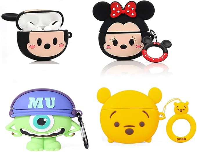 (4Pack) Case for AirPods Pro 2nd/1st Generation (2022/2019) with Carabiner, XMBYGY Cute Skin Design Silicone Cartoon Charging Case Protective Covers for Boys Girls (NF+CF+RW+3Q)