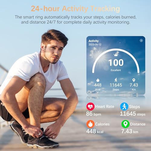 Fit Ring for Women Men, Ring Health Tracker with Heart Rate,Blood Oxygen,Heart Rate Variability, Stress, Sleep Monitor, Step Counter, Smart Ring for iPhone & Android, No Subscription Fee (Silver, 11#)
