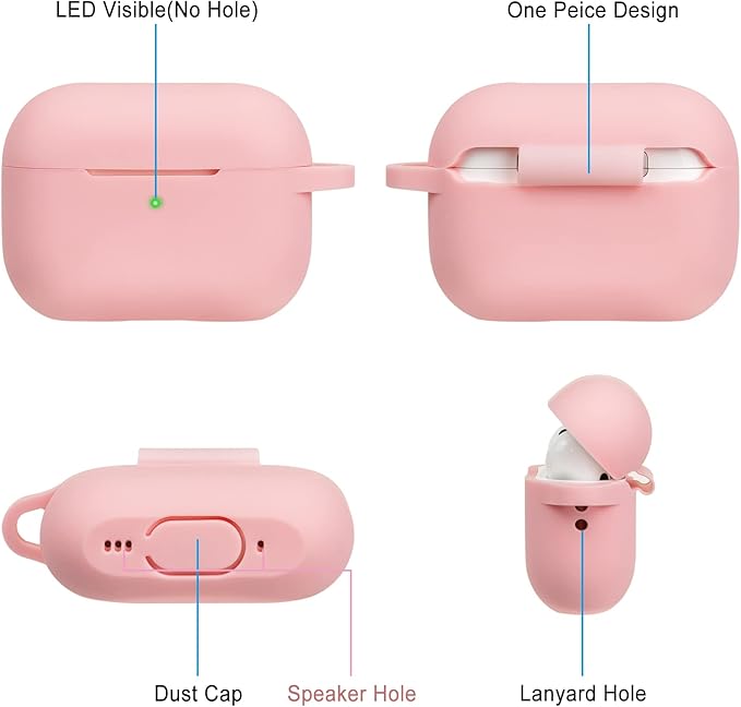 Silicone Compatible With AirPods Pro 2 Case 2022/2023, Soft Cover Flexible for AirPods Pro 2nd Generation for Women Girls With Keychain - Pink