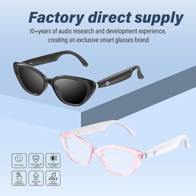 Smart Audio Cat Eye Glasses, Noise Cancelling Hidden Mic, Wireless Connectivity, Hands-Free Calling