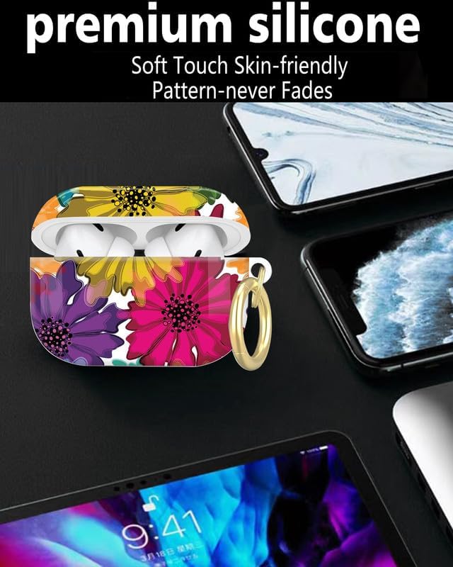 Compatible with AirPod Pro 2nd/1st Generation Case Cover with Key Chain,Full Protective Shockproof Wireless Headphone Case for Airpod Pro 2023/2022/2019(Watercolor Floral)