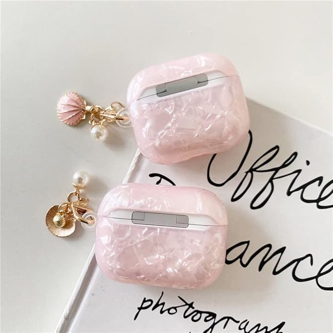 for Airpod 4 Case Cute Luxury Marble Protective Cover with Glitter Shell Pearl Keychain Compatible with AirPods 4th Generation Case 2024 for Girls Women (Pink)