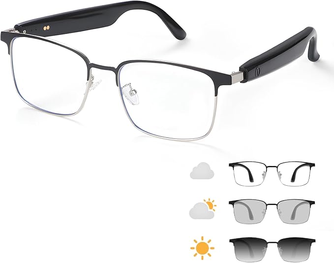 Smart Glasses with Open Ear, Photochromic Lenses, Polarized Sunglasses Bluetooth, Voice Assistant, Built Mic Speakers for Men Women Bluetooth Glasses, Hands-Free Listening Voice Control(Silver)