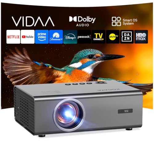 Smart Projector-4K with Wifi Bluetooth, AI Auto Focus Keystone Outdoor Home Theater VIDAA Movie Projector Built-in Apps, 60W Dolby, Airplay, Voice Control, Live TV, Ceiling, Gaming, Camping