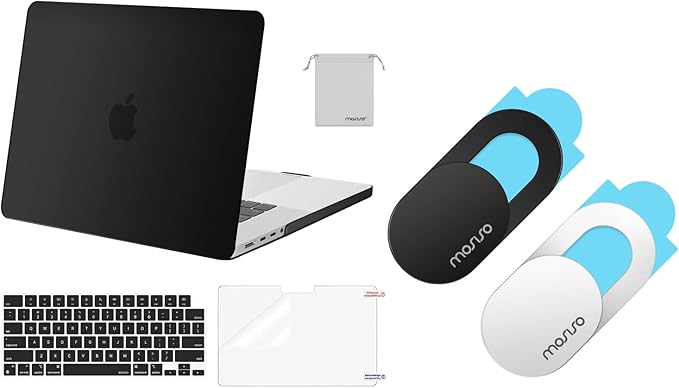 MOSISO Webcam Cover Slide 2 Pack&Compatible with MacBook Pro 16 inch Case 2024-2021 M3 A2991 M2 A2780 M1 A2485, Plastic Hard Shell Case&Keyboard Cover&Screen Protector&Storage Bag, Black